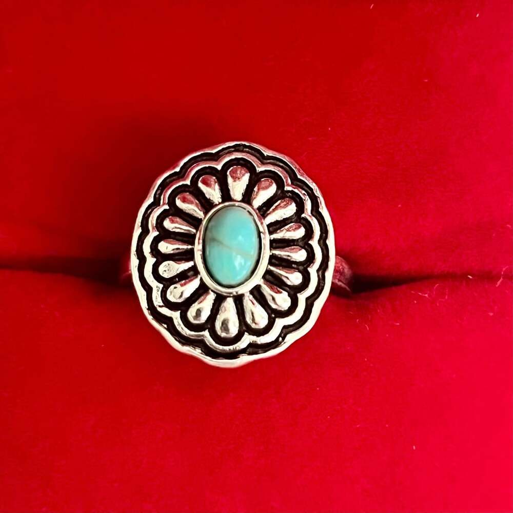 Western Concho Flower Turquoise Ring Silver Tone Size 6